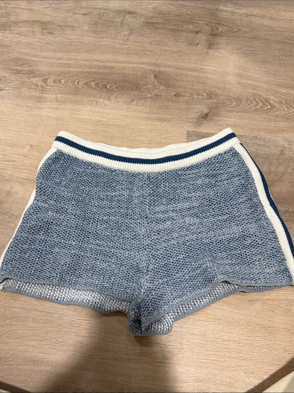 The Upside Light Blue Knit Athletic Shorts with White & Navy Trim